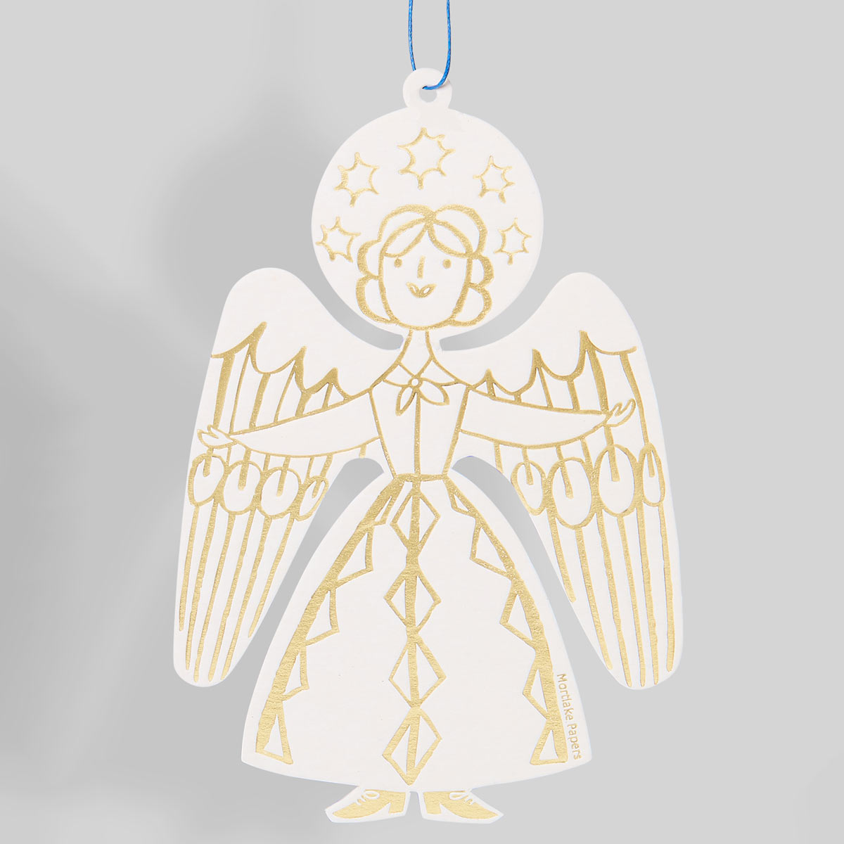 Decorative angel ornament with gold detail on a gray background