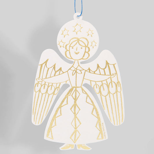 Decorative angel ornament with gold detail on a gray background