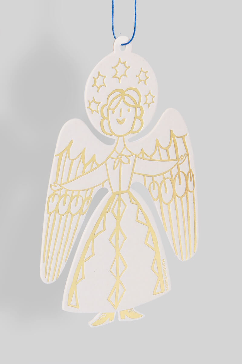 Decorative angel ornament with gold outline on a gray background