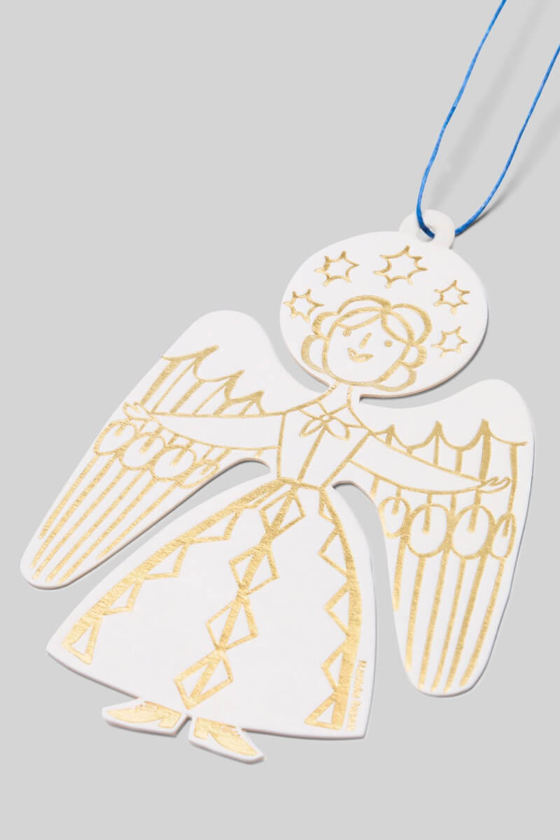 Gold angel Christmas tree decoration in white card with a blue string, on a gray background