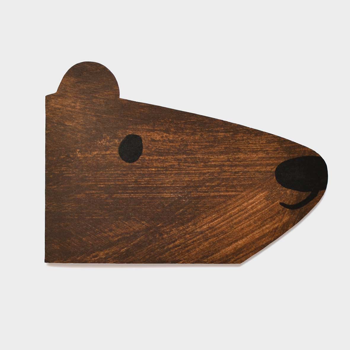 Brown bear shaped card printed on FSC recycled paper flat lay against a white background