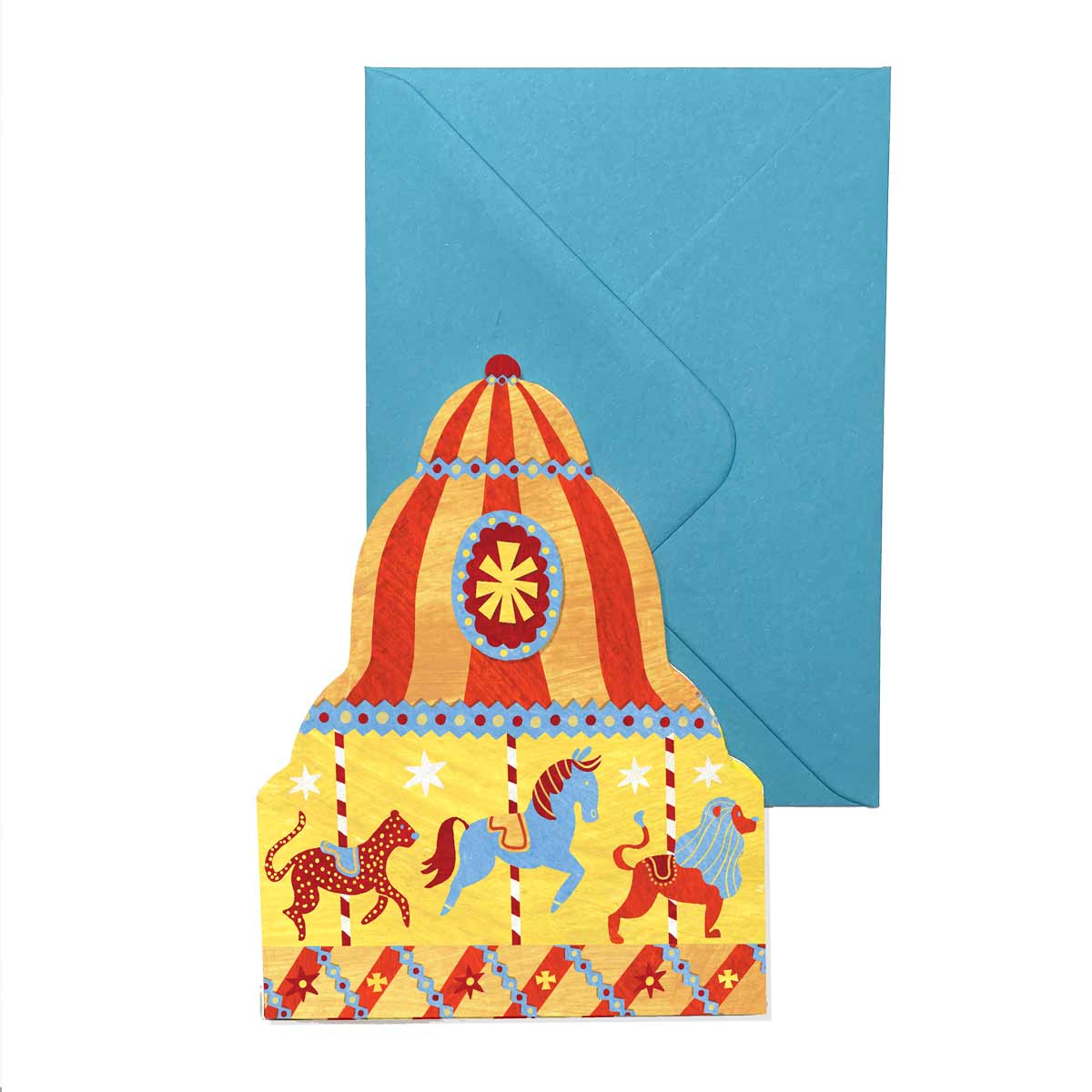 Colourful Carousel Shaped card with a sky blue recycled envelope on a white background