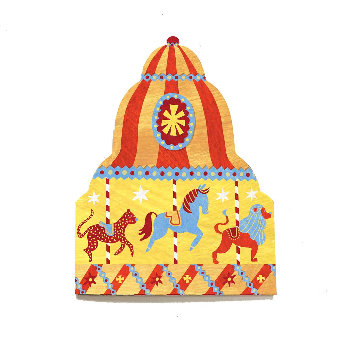 Colorful carousel-themed greetings card with a horse, leopard and lion on a white background