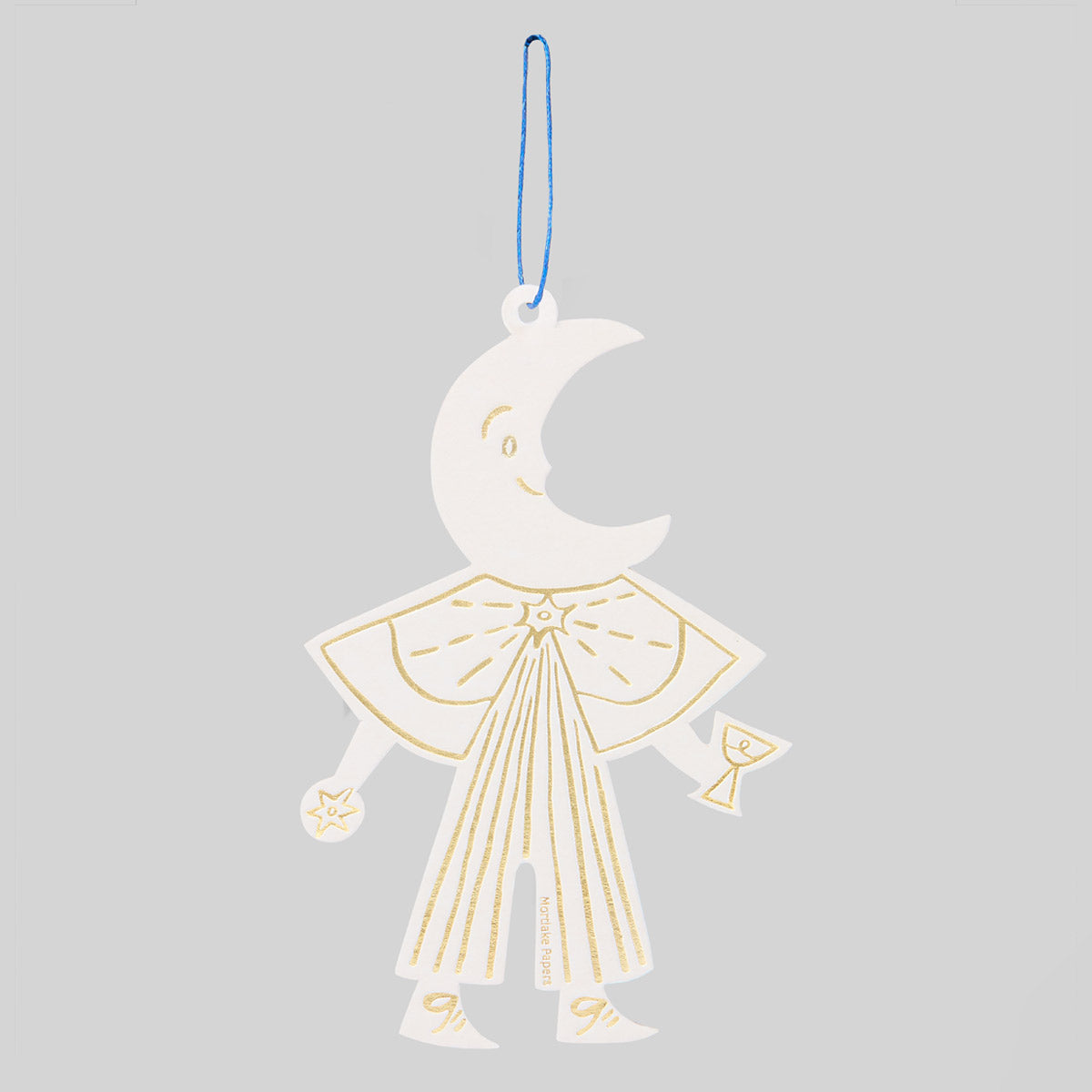 Decorative hanging Moon Folk ornament with a crescent moon design on a gray background