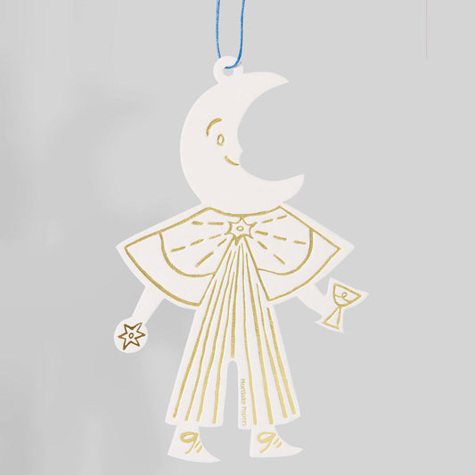 Decorative hanging figure with a crescent moon head and gold lines on a gray background