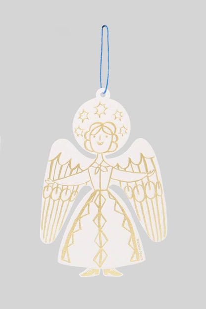 Decorative angel ornament with gold outline on a gray background