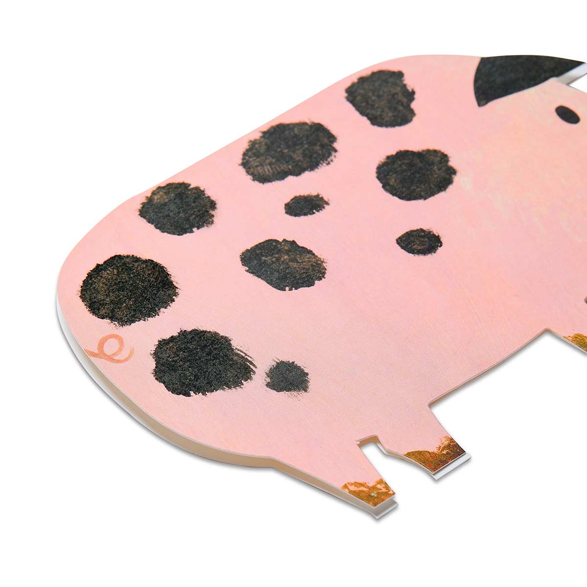 Detail of brushwork on illustrated pink spotty die cut pig greetings card