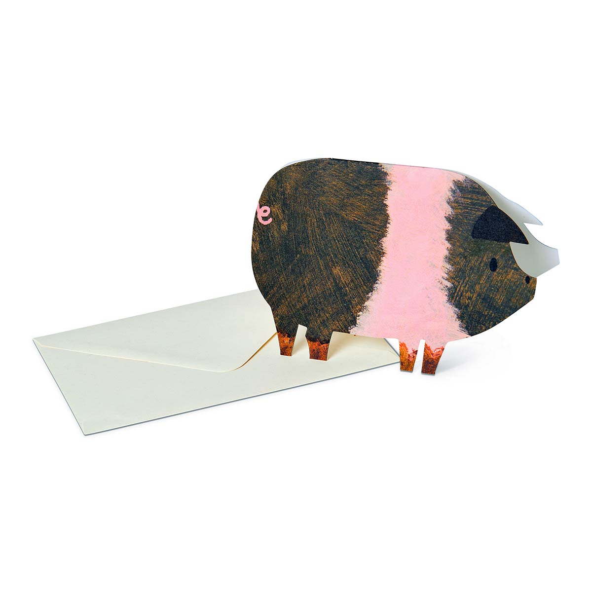 Pig shaped card in pink and brown on a white background with ivory coloured envelope