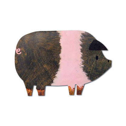 Pig-shaped die cut greetings card with a pink and black belly on a white background