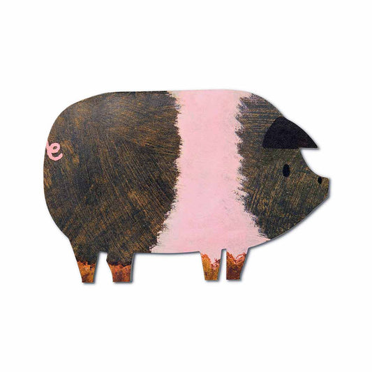 Pig-shaped die cut greetings card with a pink and black belly on a white background