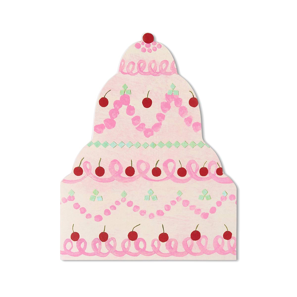 Die cut birthday cake greetings card with pink frosting and cherries on a white background.